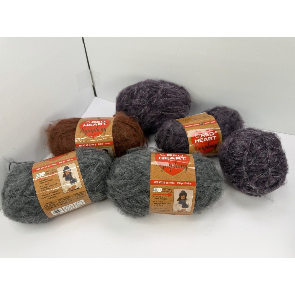 Lot of 6 Skeins Red Heart Symphony Yarn 100% Acrylic Red Purple Grey